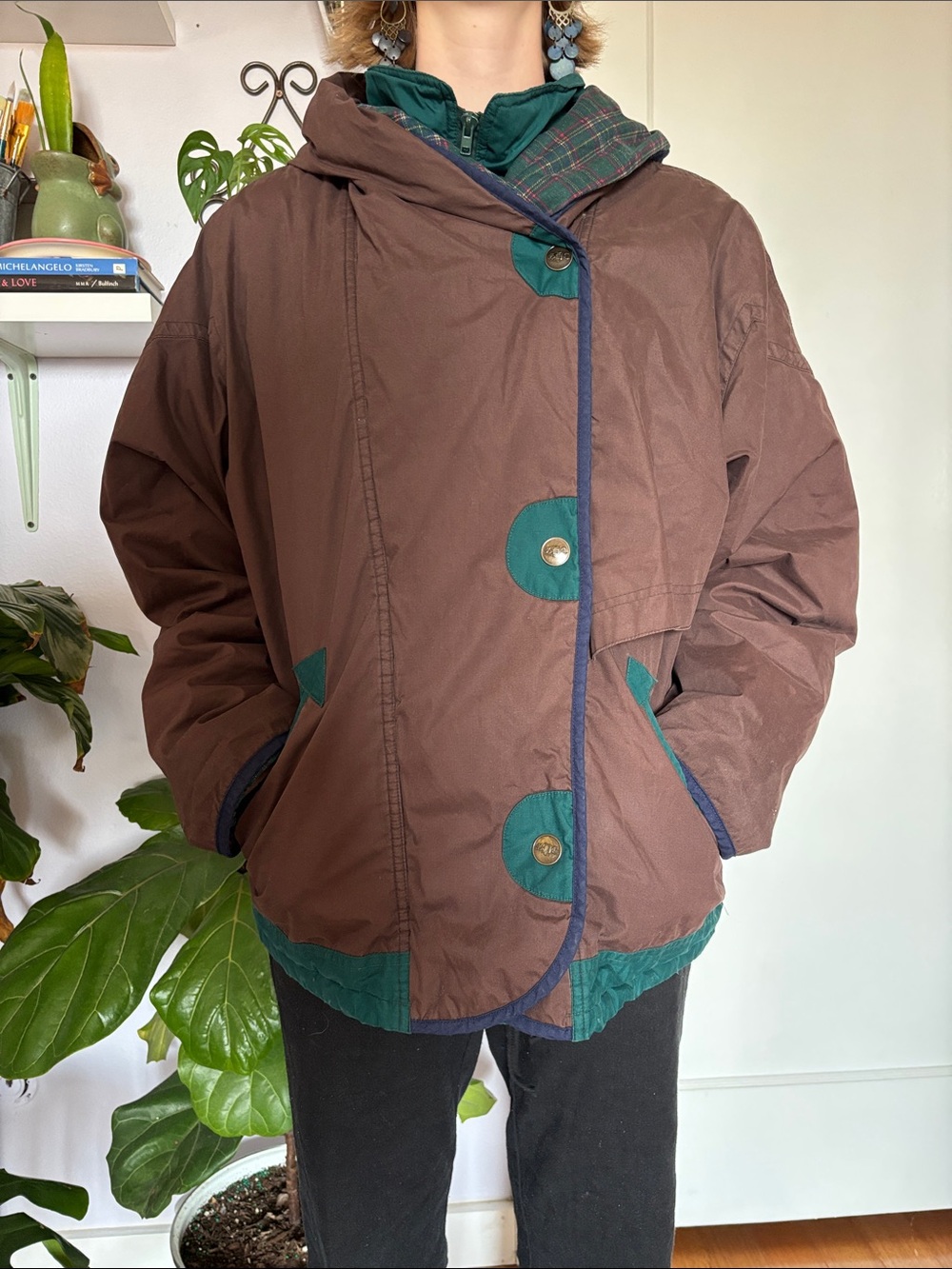 Women's Two-Tone Brown and Green Hooded Puffer Jacket